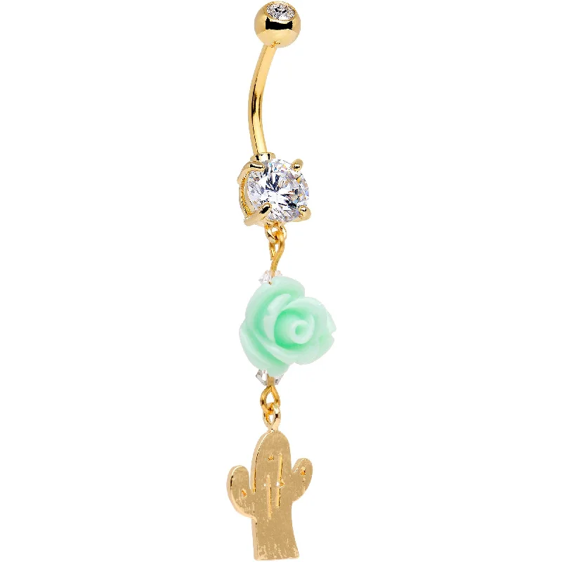 Comfortable Belly Rings with Bold Detailing -Handcrafted Clear Gem Gold Tone Cactus Bloom Dangle Belly Ring Comfortable Belly Rings with Bold Detailing -Handcrafted Clear Gem Gold Tone Cactus Bloom Dangle Belly Ring