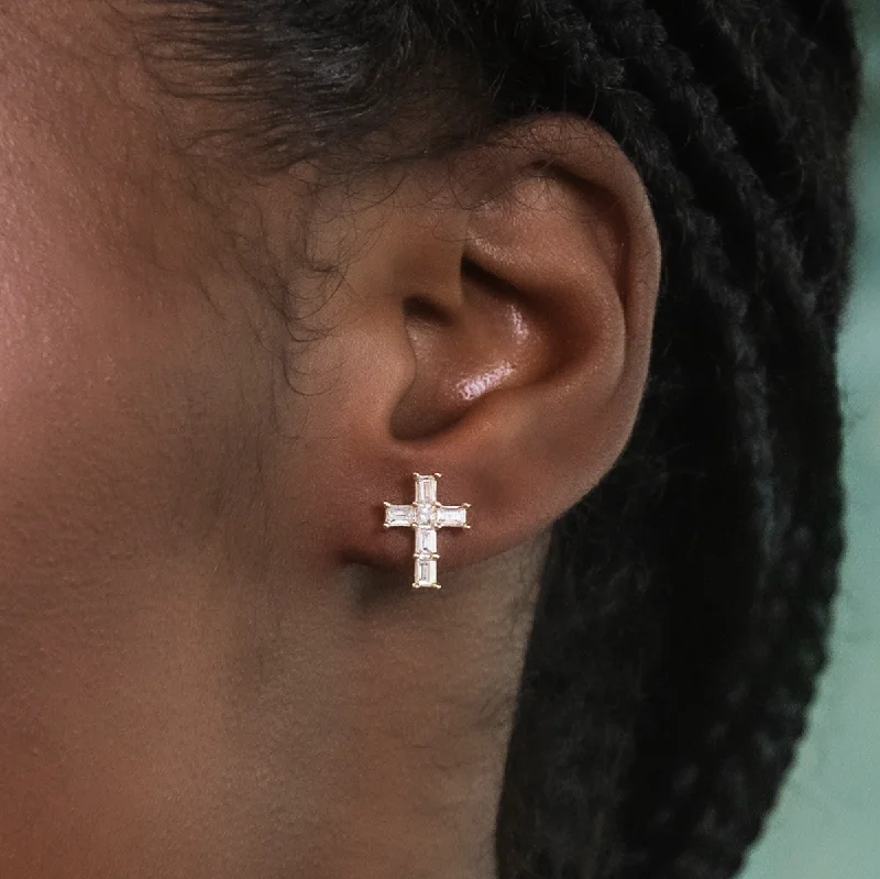 Women's Earrings – Elegant Designs for Every Personality--Diamond Baguette Cross Stud Earrings in Yellow Gold