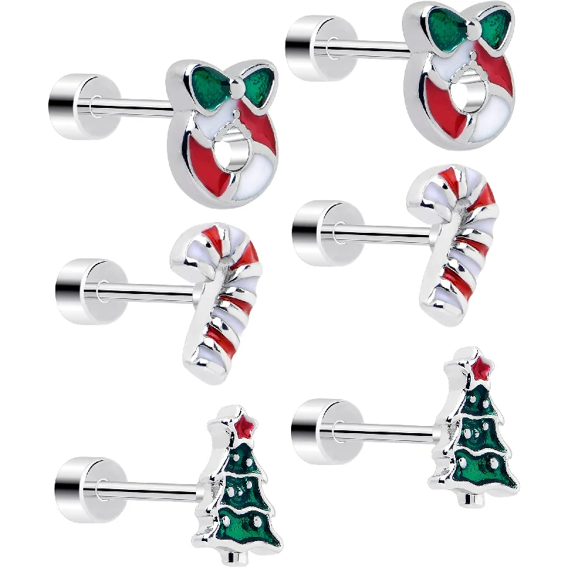 Women's Earrings – Elegant Designs for Every Personality--Christmas Flat Back Earrings - 3 Pairs Holiday Tree Ornament Candy Cane Women's Earrings – Elegant Designs for Every Personality--Christmas Flat Back Earrings - 3 Pairs Holiday Tree Ornament Candy Cane