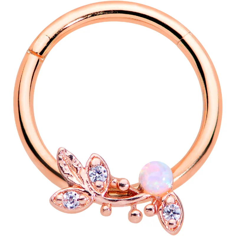 Nose Rings with Ruby Stones -16 Gauge 3/8 White Faux Opal Rose Gold Tone Leaves Hinged Segment Ring Nose Rings with Ruby Stones -16 Gauge 3/8 White Faux Opal Rose Gold Tone Leaves Hinged Segment Ring