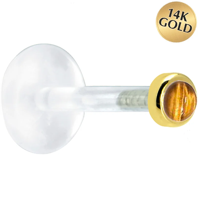 Women's Earrings – Elegant Designs for Every Personality--16 Gauge 5/16 Solid 14KT Yellow Gold 2mm Genuine Tiger Eye Bioplast Tragus Earring Stud