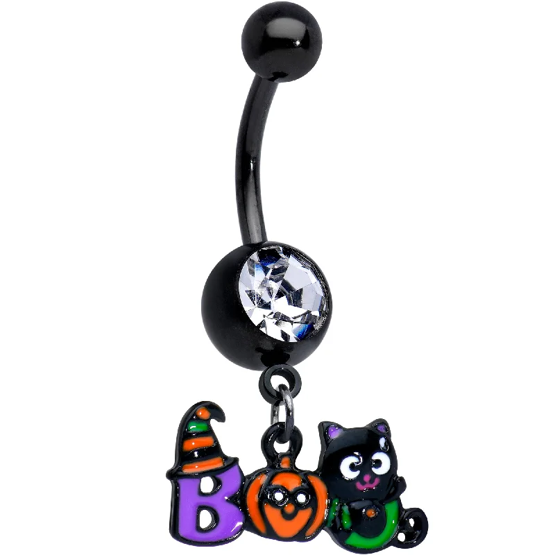 Comfortable Belly Rings with Creative Design -Clear Gem Black Boo Party Halloween Dangle Belly Ring