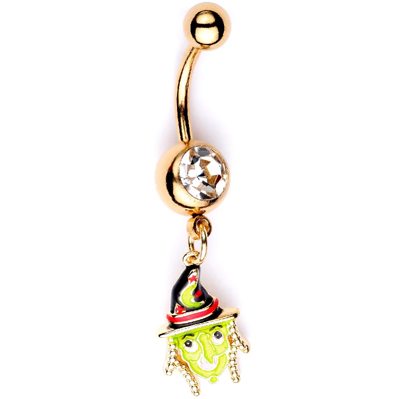 Designer Belly Rings for Special Fashion Statements -Clear Gem Gold Tone Green Witch Halloween Dangle Belly Ring Designer Belly Rings for Special Fashion Statements -Clear Gem Gold Tone Green Witch Halloween Dangle Belly Ring