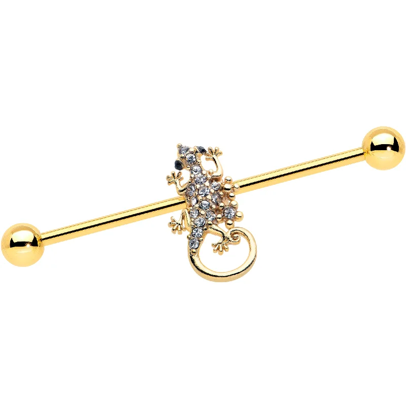 Women's Earrings – Elegant Designs for Every Personality--14 Gauge Clear Gem Gold Tone Luscious Lizard Industrial Barbell 38mm