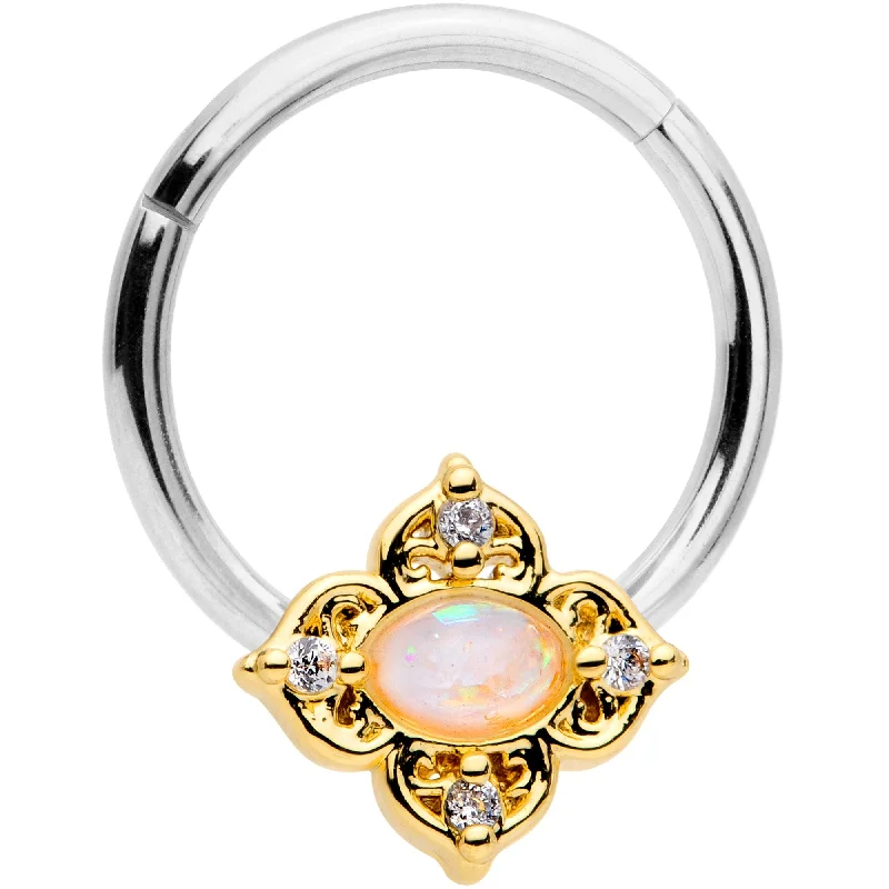 Gold Lip Rings for Fashionable Women16 Gauge 3/8 Clear CZ White Faux Opal Rhombus Hinged Segment Ring Gold Lip Rings for Fashionable Women16 Gauge 3/8 Clear CZ White Faux Opal Rhombus Hinged Segment Ring