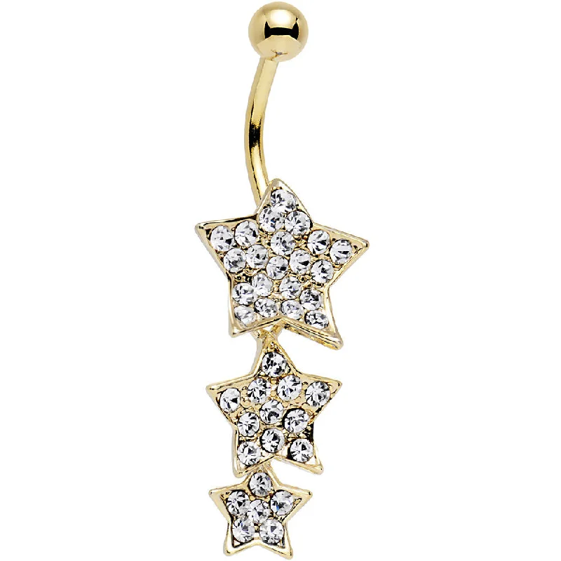 Comfortable Belly Rings for Sensitive Piercings -Clear Gem Gold Plated Steel Triple Star Dangle Belly Ring
