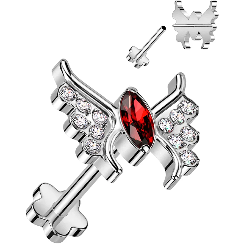 Women's Earrings – Elegant Designs for Every Personality--18 Gauge 5/16 Red CZ Gem Butterfly Medical Grade Titanium Reversible Flat Back Earring