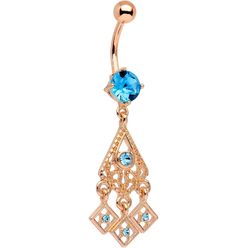 Belly Rings with Exotic Patterns for Unique Style -Blue CZ Gem Rose Gold Tone Anodized Mod Chandelier Dangle Belly Ring Belly Rings with Exotic Patterns for Unique Style -Blue CZ Gem Rose Gold Tone Anodized Mod Chandelier Dangle Belly Ring