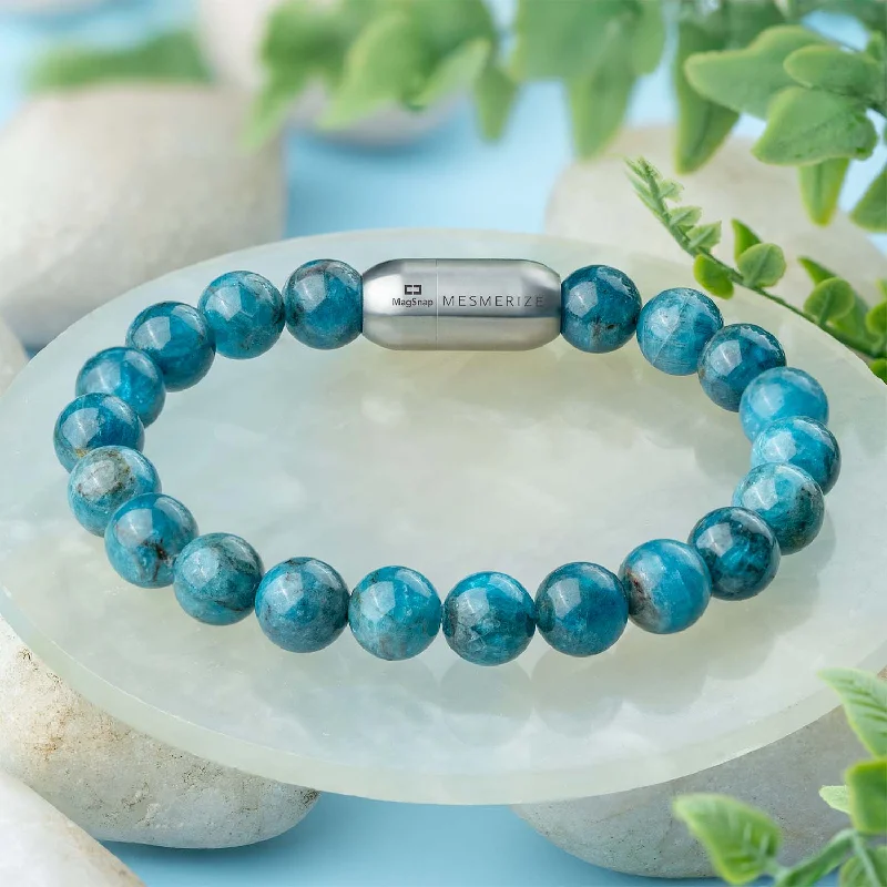 Men's Bracelets with Black Stone Accents-Motivating Blue Apatite Natural Stone Bracelet with MagSnap 2 Men's Bracelets with Black Stone Accents-Motivating Blue Apatite Natural Stone Bracelet with MagSnap 2