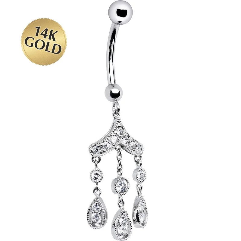 Belly Rings with Dazzling Diamonds -16 Gauge Solid 14KT White Gold CZ Gem Chandelier Dangle Belly Ring Belly Rings with Dazzling Diamonds -16 Gauge Solid 14KT White Gold CZ Gem Chandelier Dangle Belly Ring