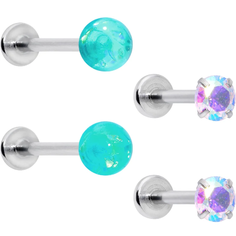 Women's Earrings – Elegant Designs for Every Personality--16 Gauge 5/16 3/8 Aurora Gem Green Faux Opal Labret Monroe Set of 4