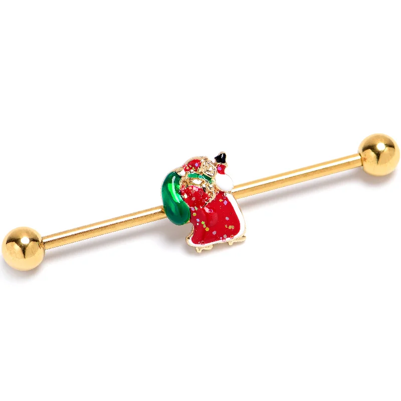 Women's Earrings – Elegant Designs for Every Personality--14 Gauge Gold Tone Glitter Santa Red Christmas Industrial Barbell 38mm