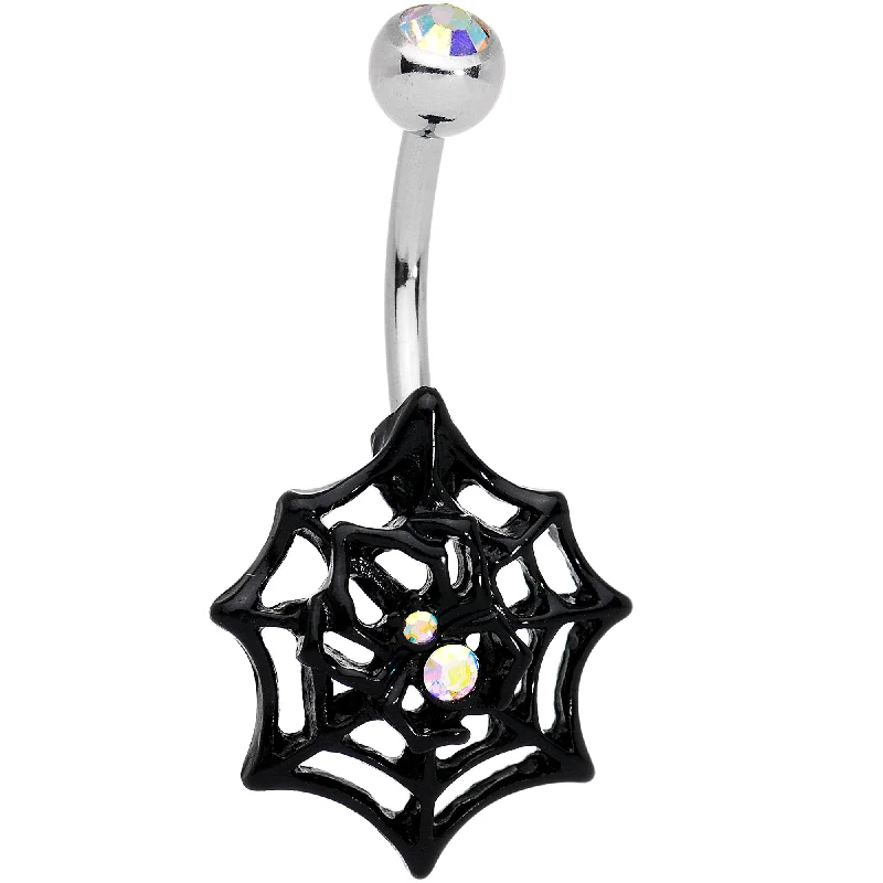 Elegant Belly Rings with Beautiful Accents -Aurora Gem Black Spider in Web Halloween Belly Ring Elegant Belly Rings with Beautiful Accents -Aurora Gem Black Spider in Web Halloween Belly Ring