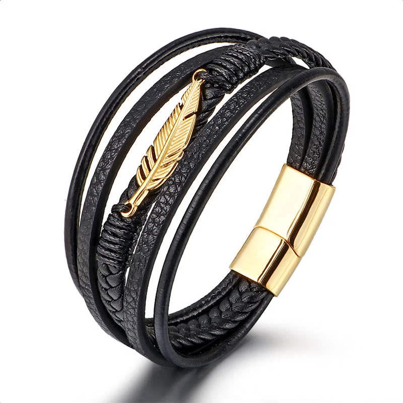 Men's Cross Charm Bracelets-Buddha Stones Feather Pattern Multilayer Leather Titanium Steel Calm Braided Magnetic Buckle Bracelet Men's Cross Charm Bracelets-Buddha Stones Feather Pattern Multilayer Leather Titanium Steel Calm Braided Magnetic Buckle Bracelet
