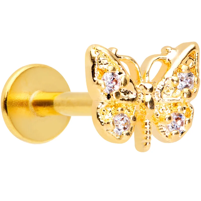Simple Lip Rings for Clean Look16 Gauge 5/16 Clear Gem Gold Tone Butterfly Labret Monroe Tragus