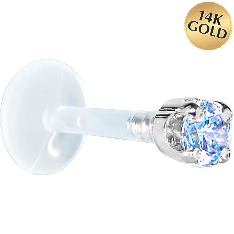 Women's Earrings – Elegant Designs for Every Personality--16 Gauge 5/16 Solid 14KT White Gold 3mm Plexi Blue Cubic Zirconia Bioplast Tragus Earring Stud