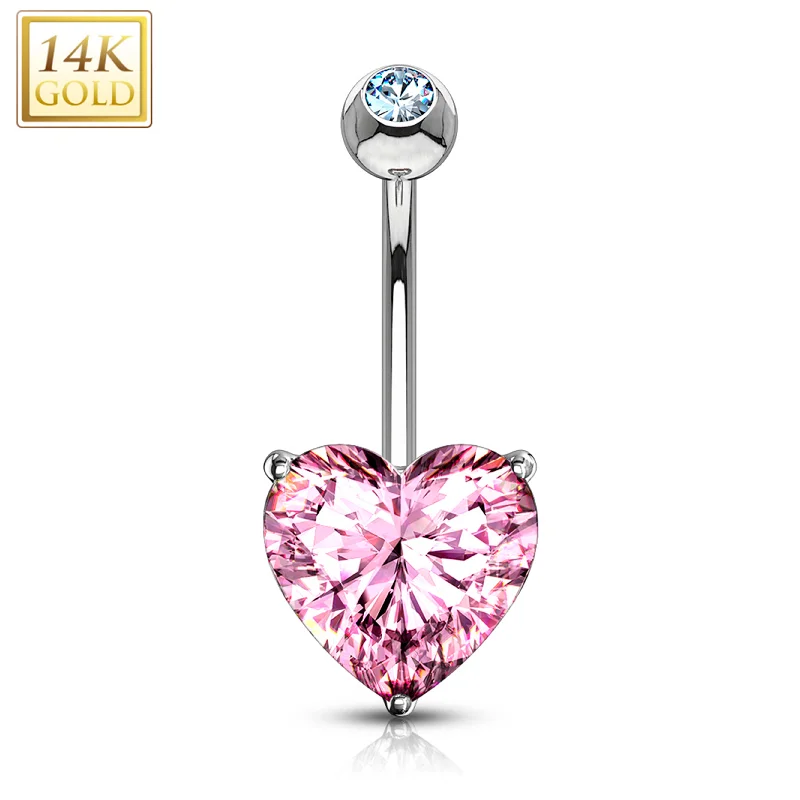 Unique Belly Rings with Sparkling Details -14kt Solid White Gold Prong Set Pink 6mm CZ Heart Belly Ring
