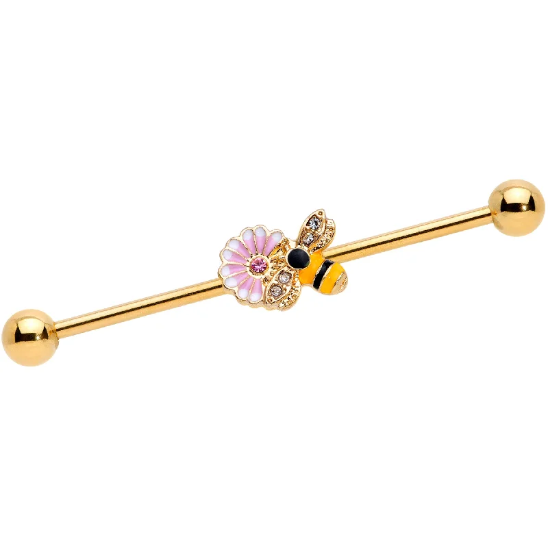 Women's Earrings – Elegant Designs for Every Personality--14 Gauge Pink Clear Gem Gold Tone Bee Blossom Industrial Barbell 38mm