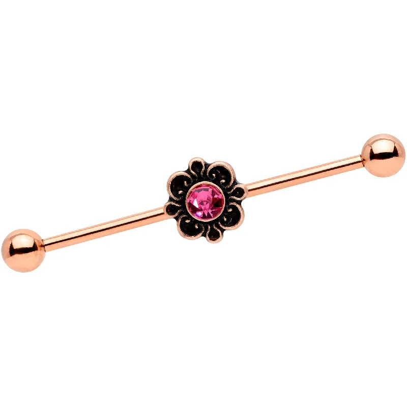 Women's Earrings – Elegant Designs for Every Personality--14 Gauge Pink Gem Rose Gold Tone Flower Industrial Barbell 38mm