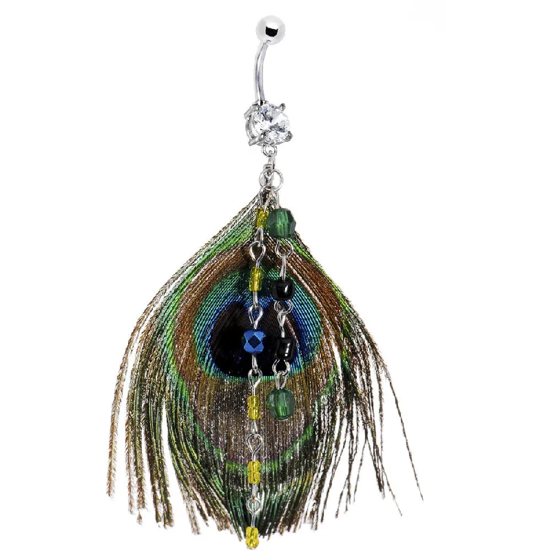 Stylish Belly Rings with Elegant Detailing -Chic Chain Dangle Peacock Feather Belly Ring Stylish Belly Rings with Elegant Detailing -Chic Chain Dangle Peacock Feather Belly Ring
