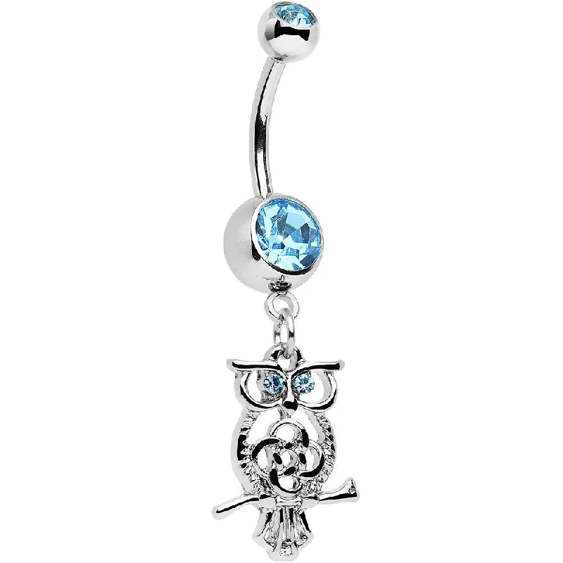 Belly Rings with Shiny Detailing for Stunning Look -Aqua Blue Gem Celtic Knot Perched Owl Dangle Belly Ring Belly Rings with Shiny Detailing for Stunning Look -Aqua Blue Gem Celtic Knot Perched Owl Dangle Belly Ring