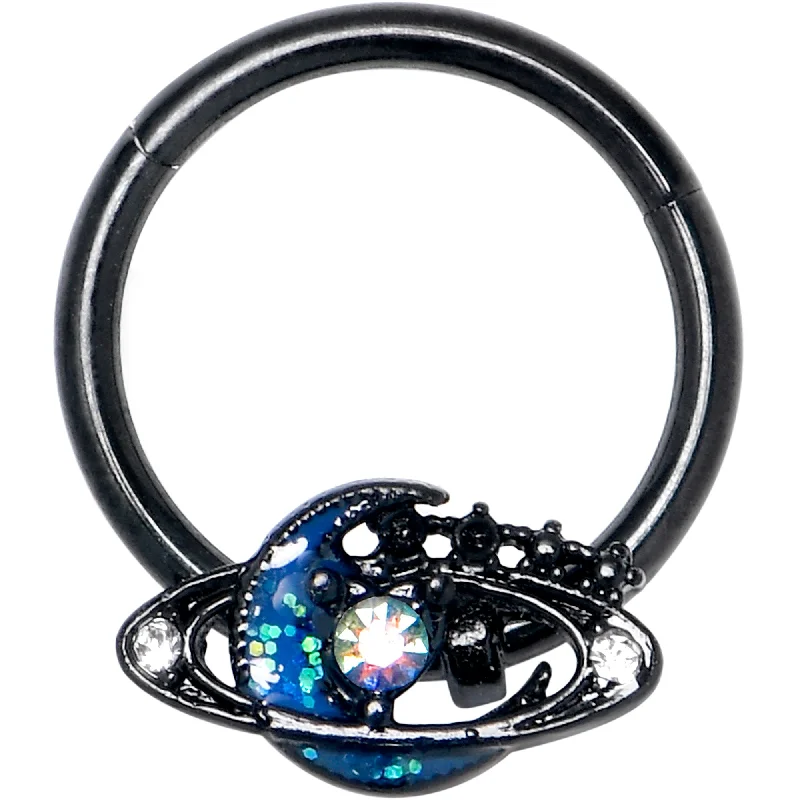 Nose Rings with Bold Gems -16 Gauge 3/8 Aurora Gem Black Saturn Space Moon Hinged Segment Ring Nose Rings with Bold Gems -16 Gauge 3/8 Aurora Gem Black Saturn Space Moon Hinged Segment Ring