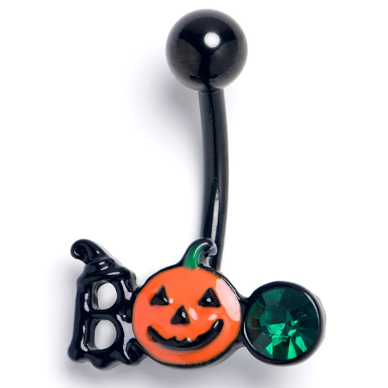 Comfortable Belly Rings with Bold Style -Green Gem Black Boo Halloween Belly Ring