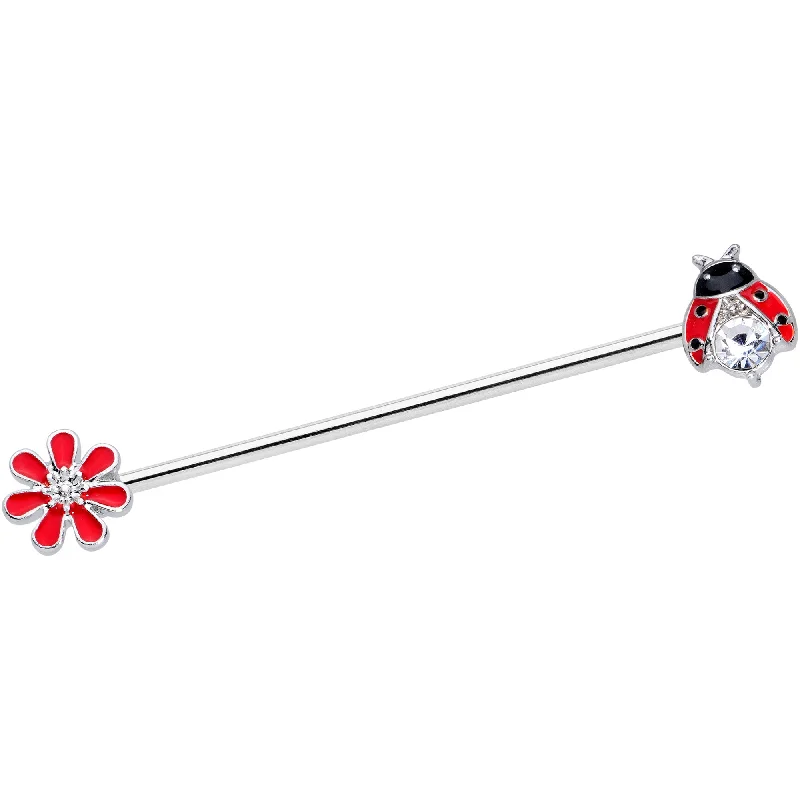 Women's Earrings – Elegant Designs for Every Personality--14 Gauge Clear Gem Red Ladybug Flower Industrial Barbell 38mm