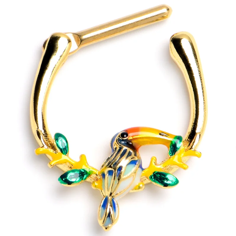 Women's Earrings – Elegant Designs for Every Personality--16 Gauge 5/16 Green Gem Gold Tone Tropical Toucan Cartilage Clicker