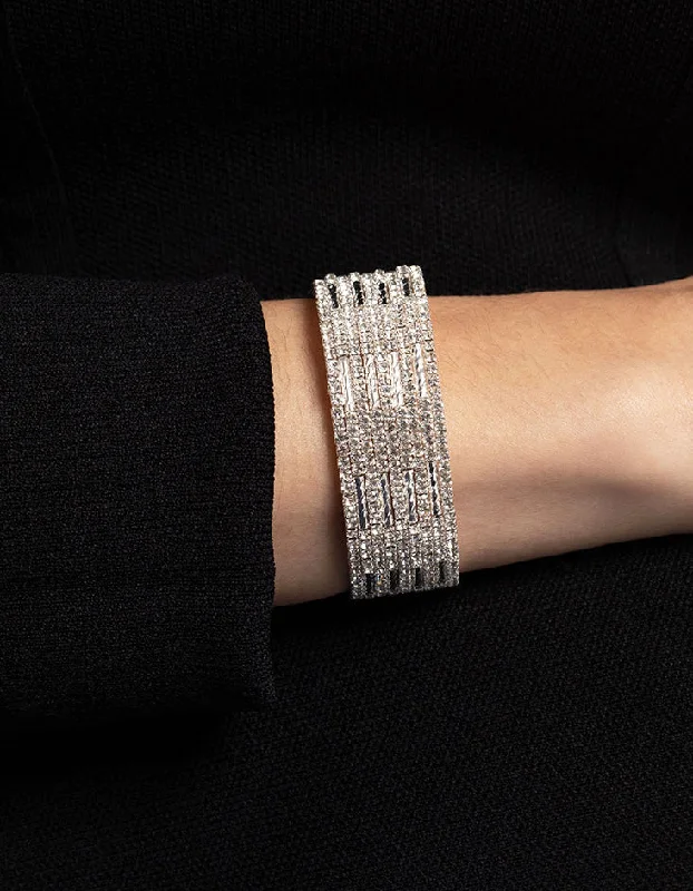 Elegant Gold Cuff Bangles for Women-Silver Spiky 4 Row Diamante Cuff Bangle