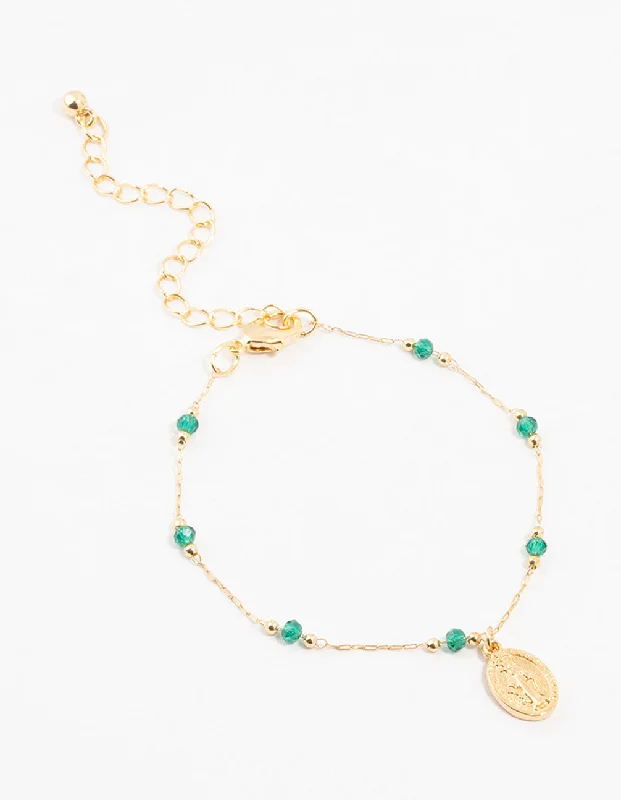 Bangles for Women with Bright Color Designs-Gold Plated Green Beaded Mary Bracelet