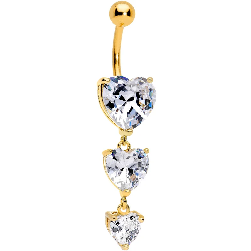 Trendy Belly Rings with Elegant Style -Clear Heart CZ Gem Gold Tone Triplet Heart Dangle Belly Ring Trendy Belly Rings with Elegant Style -Clear Heart CZ Gem Gold Tone Triplet Heart Dangle Belly Ring