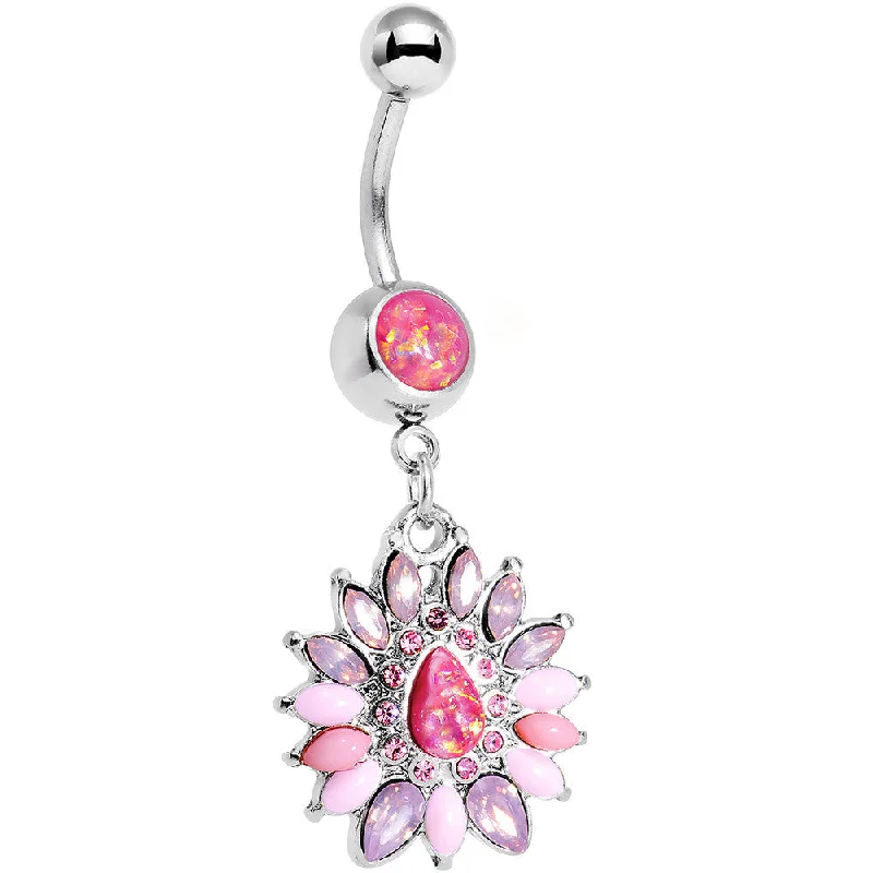 Classic Belly Rings for Subtle Style -Pink Faux Opal Dewdrop Flower Dangle Belly Ring Classic Belly Rings for Subtle Style -Pink Faux Opal Dewdrop Flower Dangle Belly Ring
