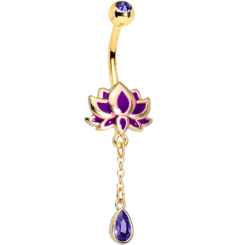Belly Rings for Bold Fashion Statements -Purple Gem Gold Tone Anodized Blooming Lotus Flower Dangle Belly Ring Belly Rings for Bold Fashion Statements -Purple Gem Gold Tone Anodized Blooming Lotus Flower Dangle Belly Ring