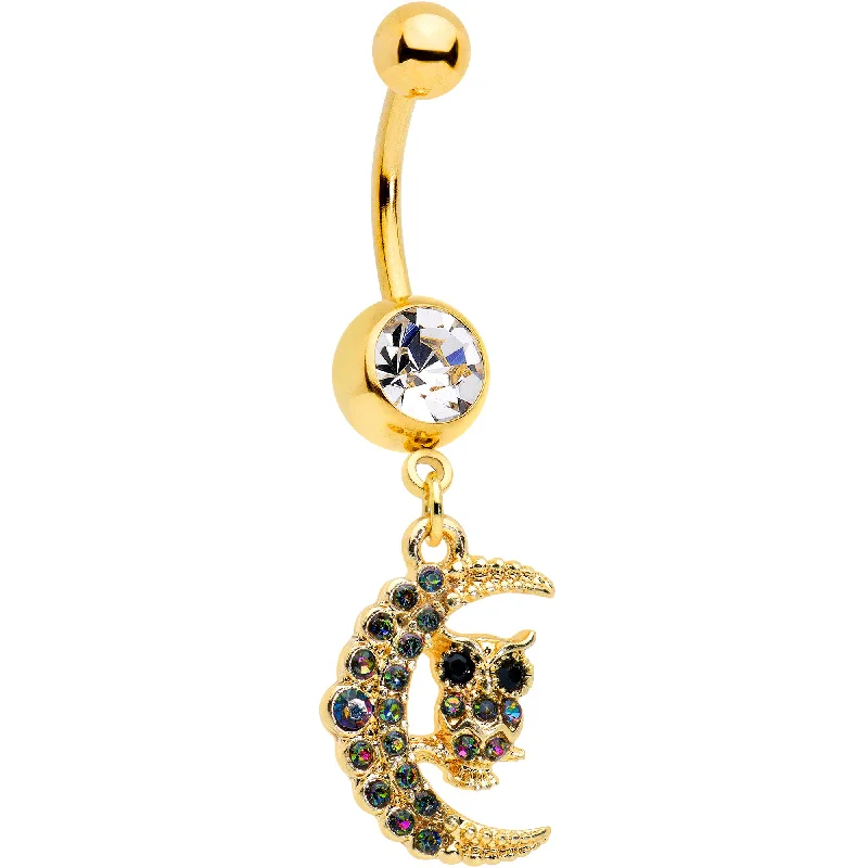 Designer Belly Rings with Unique Details -Clear Aurora Black Gem Gold Tone Owl Moon Dangle Belly Ring Designer Belly Rings with Unique Details -Clear Aurora Black Gem Gold Tone Owl Moon Dangle Belly Ring
