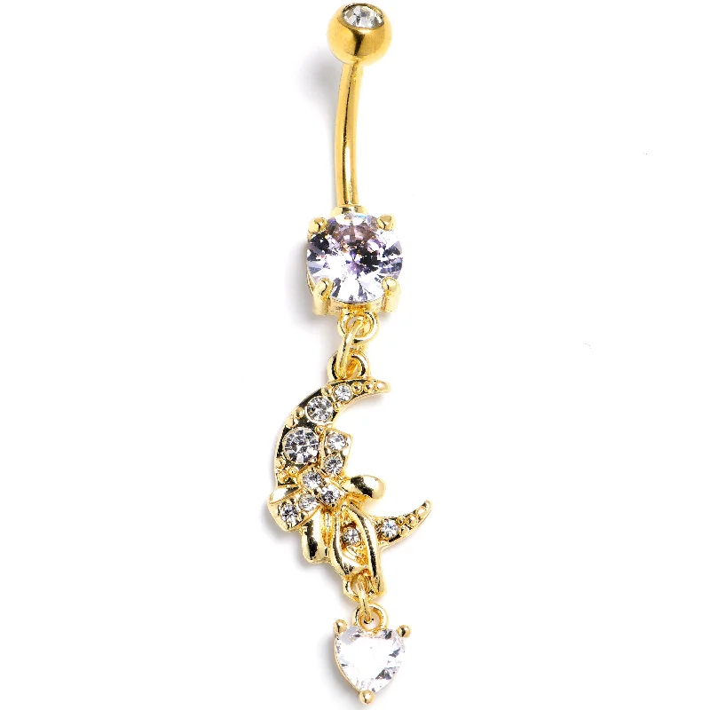 Trendy Belly Rings with Elegant Shine -Clear CZ Gem Gold Tone Moon Bow Heart Dangle Belly Ring Trendy Belly Rings with Elegant Shine -Clear CZ Gem Gold Tone Moon Bow Heart Dangle Belly Ring