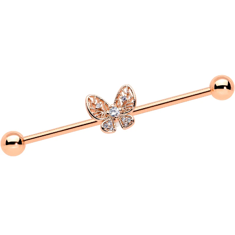 Women's Earrings – Elegant Designs for Every Personality--14 Gauge Clear Rose Gold Tone Airy Butterfly Industrial Barbell 38mm