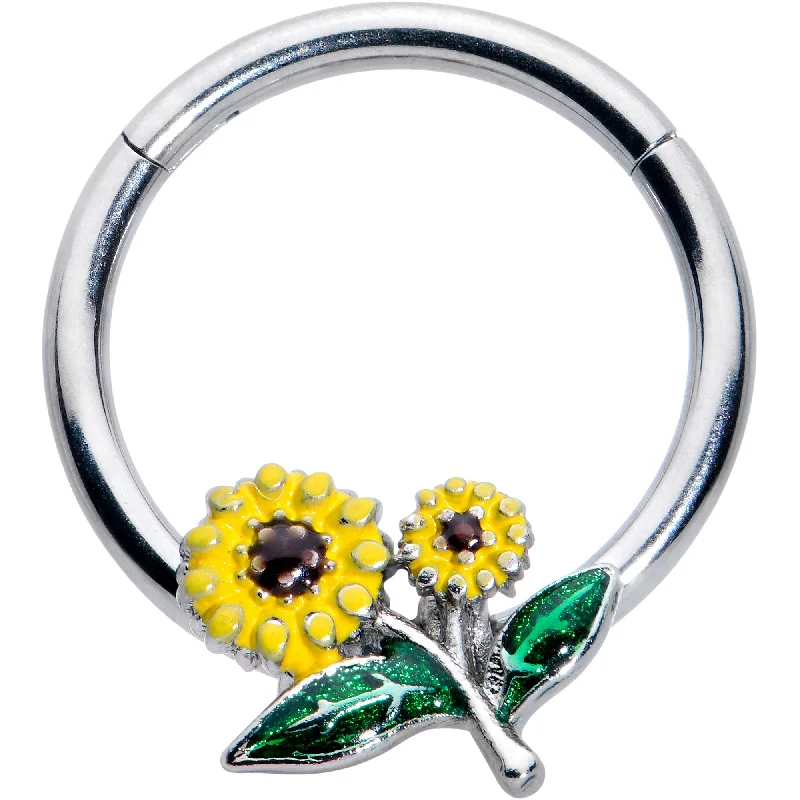 Elegant Nose Rings with Chic Look -16 Gauge 3/8 Cheery Inlay Sunflowers Hinged Segment Ring Elegant Nose Rings with Chic Look -16 Gauge 3/8 Cheery Inlay Sunflowers Hinged Segment Ring
