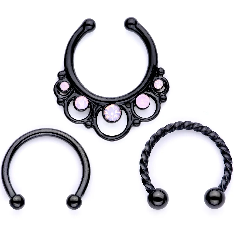 Nose Rings for Classic Timeless Fashion -16 Gauge Pink Faux Opal Black Anodized Twisted Horseshoe Clip On Fake Septum Ring Set Nose Rings for Classic Timeless Fashion -16 Gauge Pink Faux Opal Black Anodized Twisted Horseshoe Clip On Fake Septum Ring Set