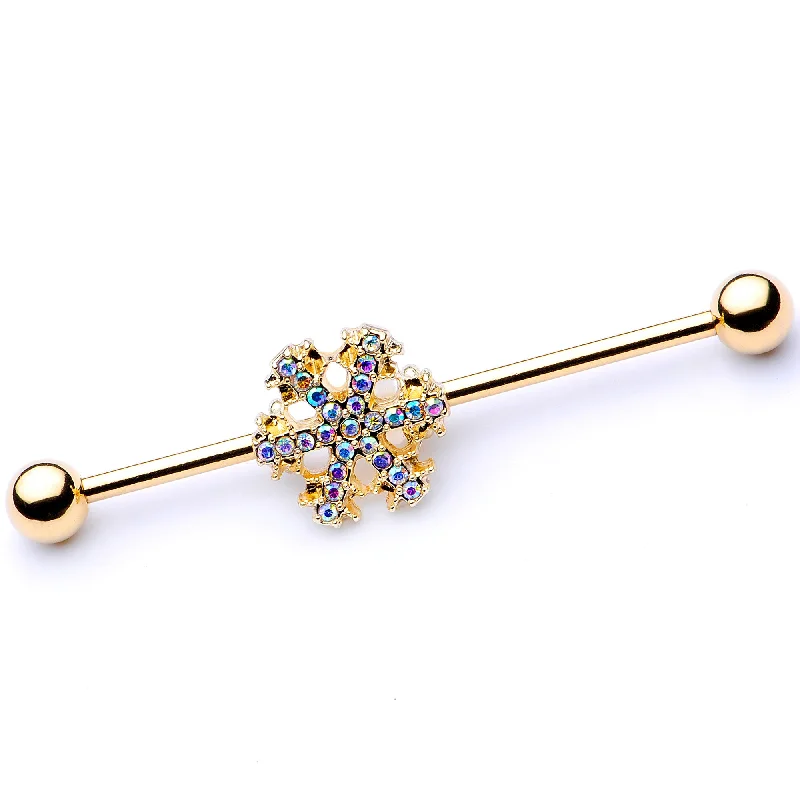 Women's Earrings – Elegant Designs for Every Personality--14 Gauge Aurora Gem Gold Tone Snowflake Industrial Barbell 38mm