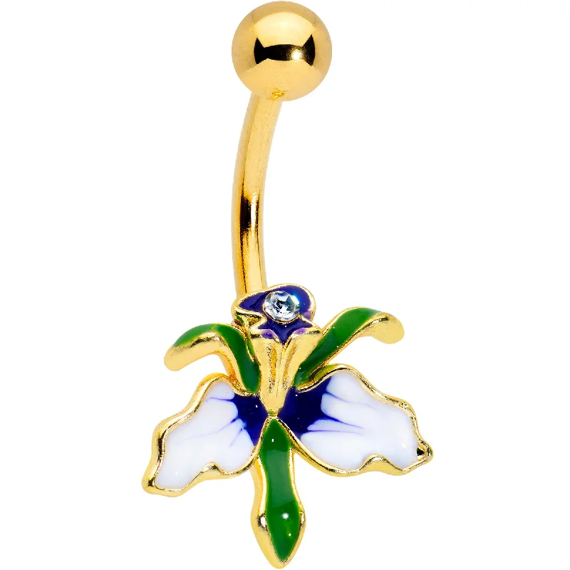 Trendy Belly Rings for Bold Fashion Statements -Clear Gem Gold Tone Iris Flower Belly Ring Trendy Belly Rings for Bold Fashion Statements -Clear Gem Gold Tone Iris Flower Belly Ring