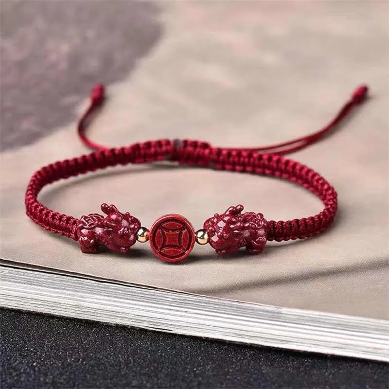 Women's Traditional Bangles-Buddha Stones Cinnabar PiXiu Blessing Copper Coin Peace Buckle Red String Bracelet