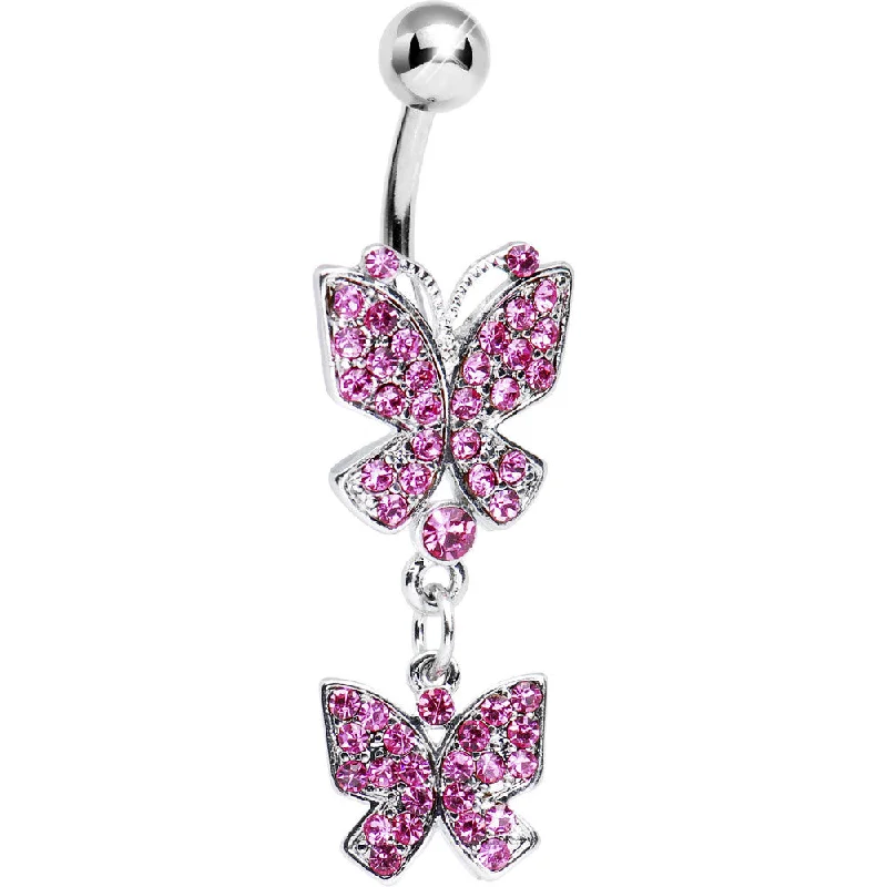Trendy Belly Rings for Creative Designs -Pink Gem Dual Butterfly Belly Ring