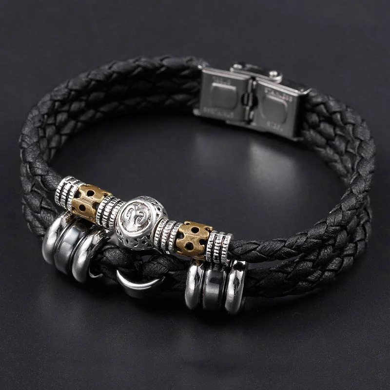 Stainless Steel and Leather Bracelets for Men-Buddha Stones 12 Constellations of the Zodiac Hematite Protection Bracelet Stainless Steel and Leather Bracelets for Men-Buddha Stones 12 Constellations of the Zodiac Hematite Protection Bracelet
