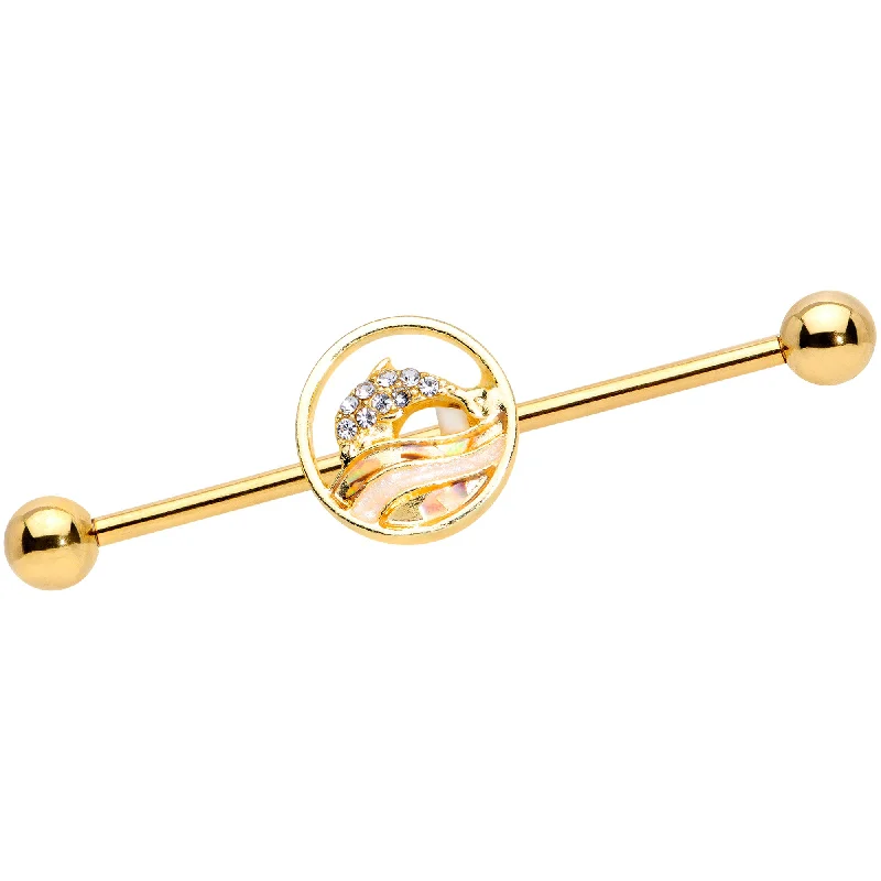 Women's Earrings – Elegant Designs for Every Personality--14 Gauge Clear Gem Gold Tone Leaping Dolphin Industrial Barbell 38mm