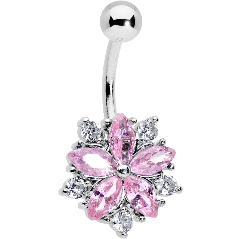 Belly Rings with Chic and Bold Accents -Pink Clear CZ Gem Baroque Floral Burst Belly Ring Belly Rings with Chic and Bold Accents -Pink Clear CZ Gem Baroque Floral Burst Belly Ring