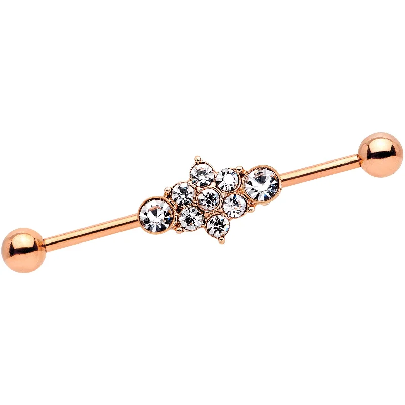 Women's Earrings – Elegant Designs for Every Personality--14 Gauge Clear Gem Rose Gold IP Floral Cluster Industrial Barbell 38mm