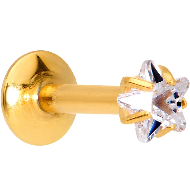 Trendy Lip Rings for Fashion-Forward Look1/4 Clear Star CZ Gem Gold PVD Internally Threaded Labret Monroe Trendy Lip Rings for Fashion-Forward Look1/4 Clear Star CZ Gem Gold PVD Internally Threaded Labret Monroe