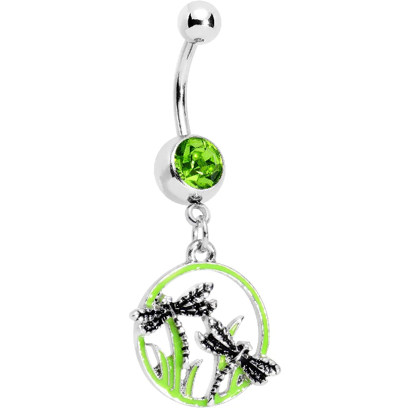 Belly Rings with Exotic Designs -Green Gem Grassy Garden Hoop Dragonfly Dangle Belly Ring Belly Rings with Exotic Designs -Green Gem Grassy Garden Hoop Dragonfly Dangle Belly Ring