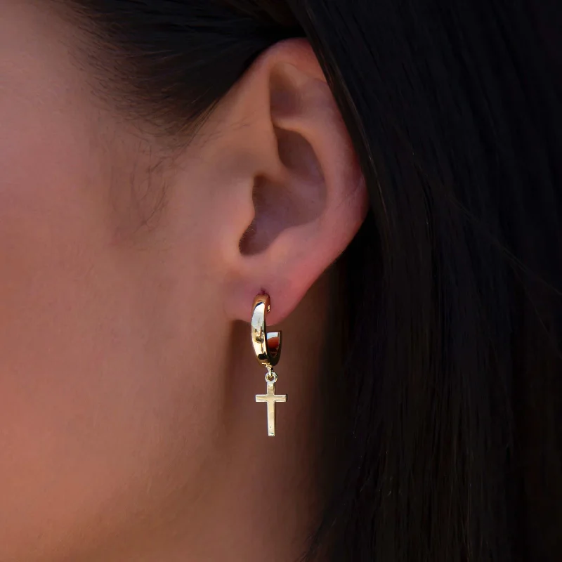 Women's Earrings – Elegant Designs for Every Personality--Polished Cross Round Huggie Earrings in Yellow Gold